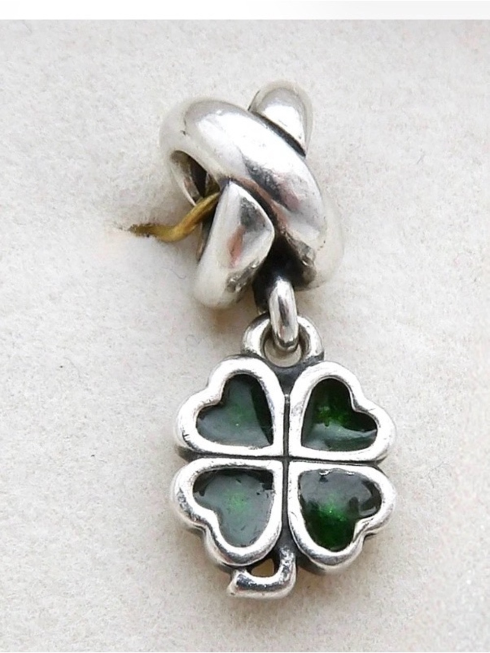 Pandora Sterling Silver Green Enamel Four-Leaf Clover Charm Pendant-EUC